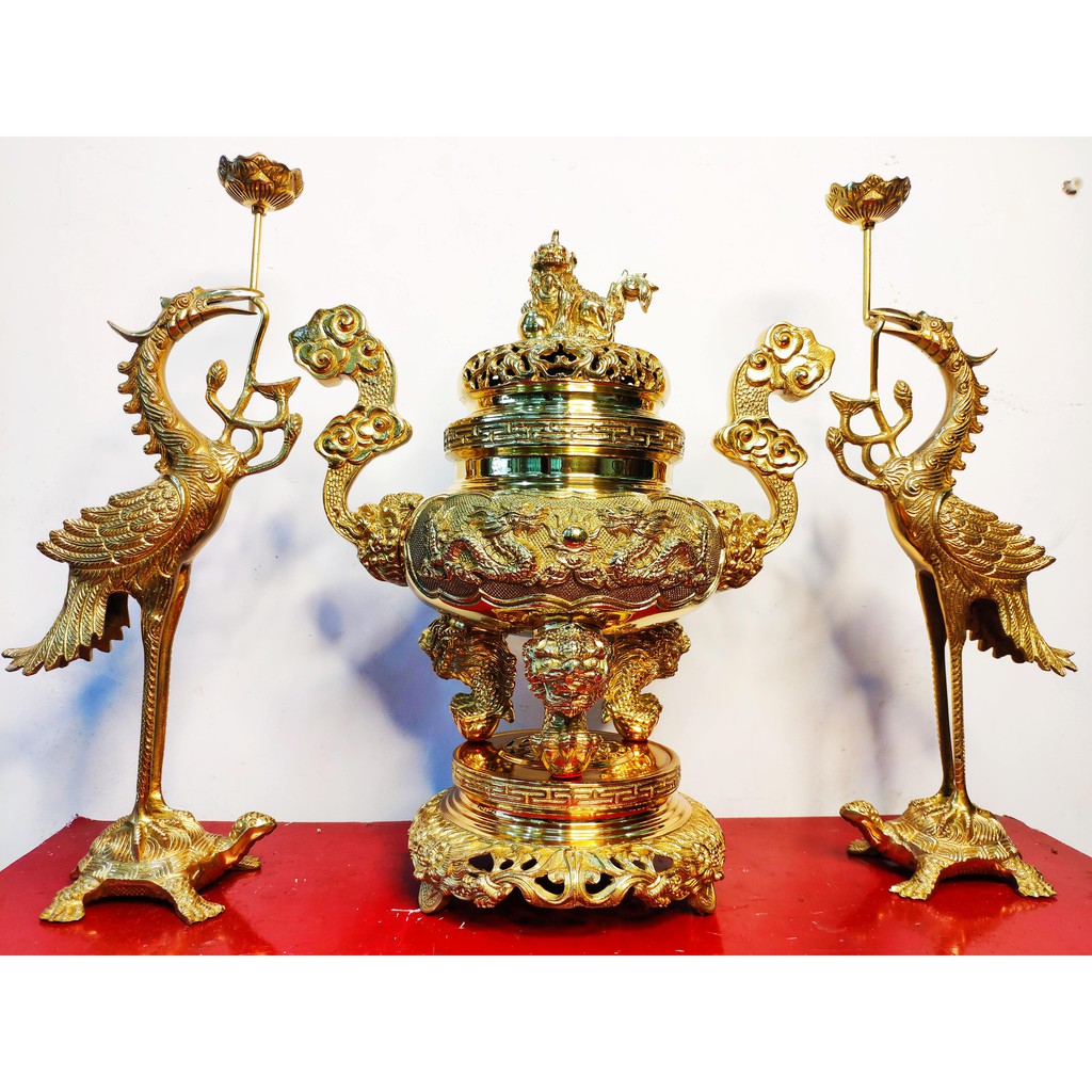 Bộ đỉnh lư thờ bằng đồng vàng cao cấp Cao 35cm. Tam sự - ngũ sự - đỉnh đồng - đỉnh thờ 35cm