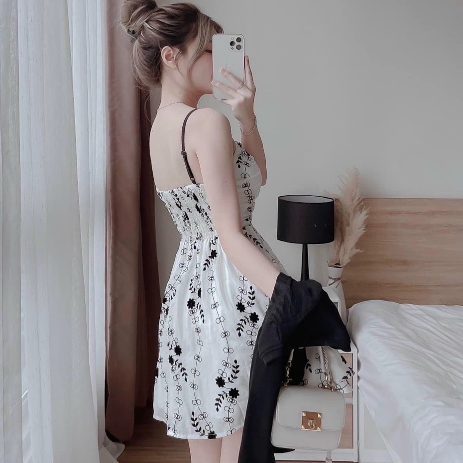 Set váy 2 dây dáng xòe in họa tiết hoa kèm áo khoác đen tay dài sang chảnh thiết kế dự tiệc dạo phố XM đầm Minh Phúc