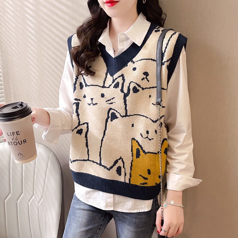 Áo len không tay dáng rộng in hình mèo dễ thương dành cho nữ