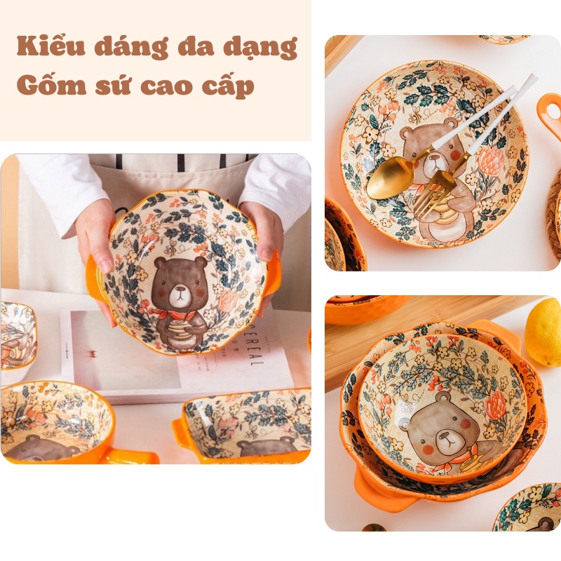 Bộ Bát Đĩa Chén Dĩa Sứ Bát Ăn Cơm Decor họa tiết Gầu Cam dễ thương