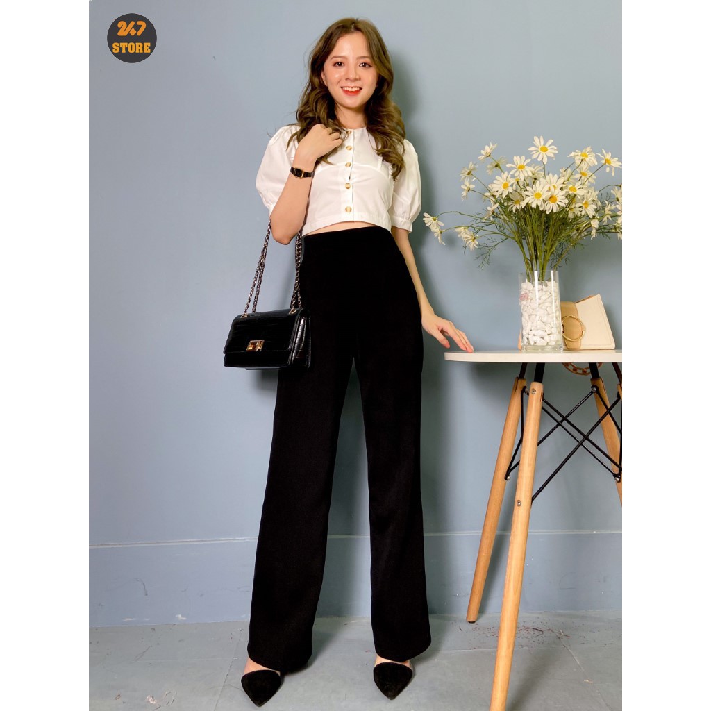 Quần tây công sở khoá sườn, ống rộng, dáng suông dài,  cạp cao, vải tuyết mưa cao cấp 247STORE 030/P0K35