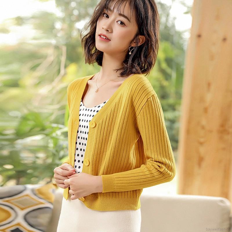 [Baywellfashion]Áo khoác cardigan màu trơn phối nút thiết kế cổ chữ V quyến rũ | BigBuy360 - bigbuy360.vn