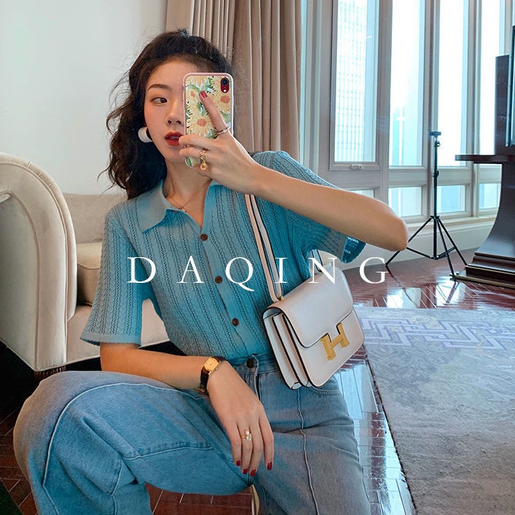 Áo sweater Dệt Kim Mỏng Cổ polo Đục Lỗ Kiểu retro Hàn Quốc Đơn Giản Thời Trang