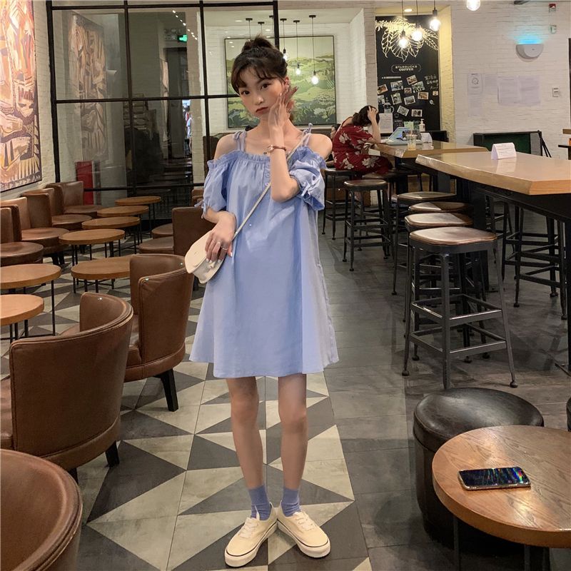 Đầm Midi Hai Dây Dáng Suông Màu Trơn Tay Phồng Kiểu Pháp Xinh Xắn