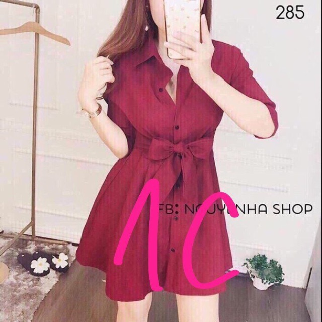 Đầm sơ mi có dây cột eo