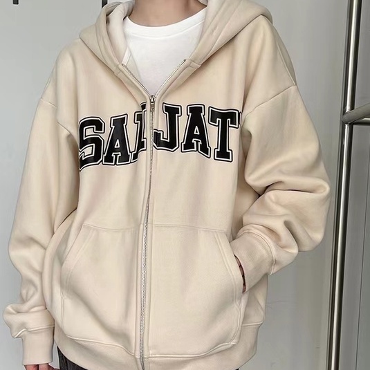 ZHELIHANGFEI Áo len trùm đầu khóa kéo dài tay áo T - kiểu dáng trường đại học áo sơ mi lỏng lẻo - phù hợp