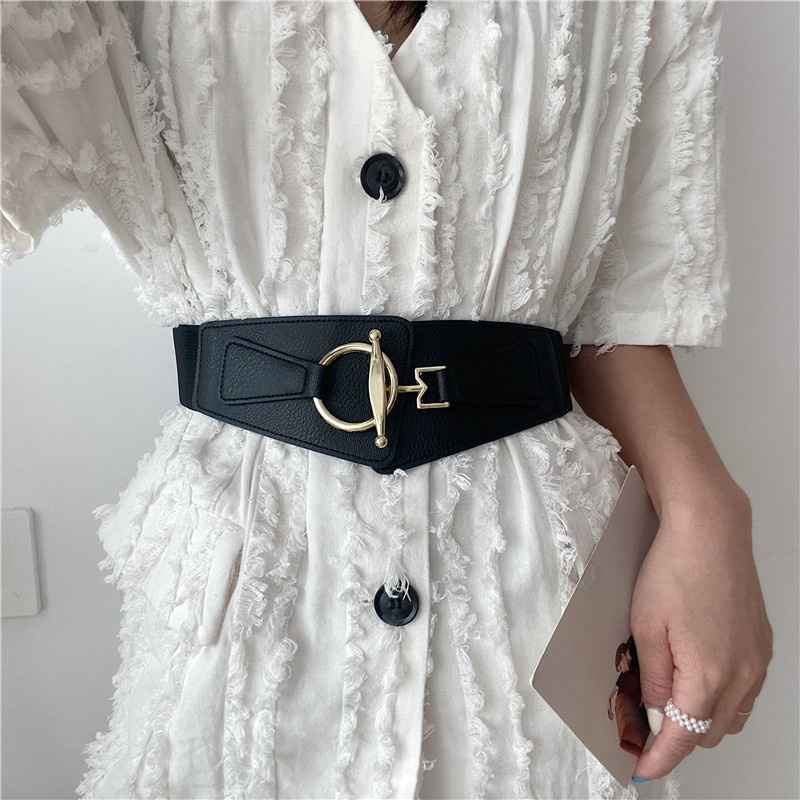 Thắt lưng da PU bản to co giãn phối khóa kim loại vàng thời trang cho nữ