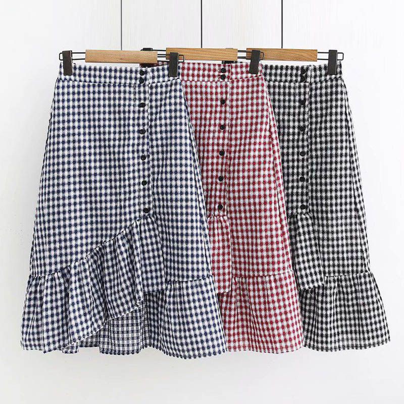 Women Vintage Literary Style Elastic High Waist Thin Ruffled Irregular Plaid Print Wild Skirt