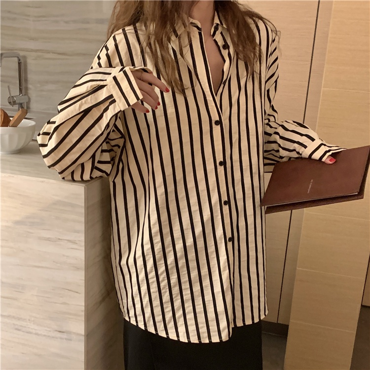 Porozi  Áo sơ mi  tay dài dáng rộng kẻ sọc phong cách Hàn Quốc dễ phối đồ dành cho nữ