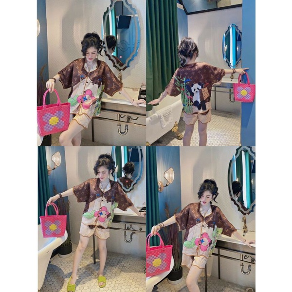 Set pijama tay dơi dợn sóng thương hiệu màu nâu lụa cao cấp