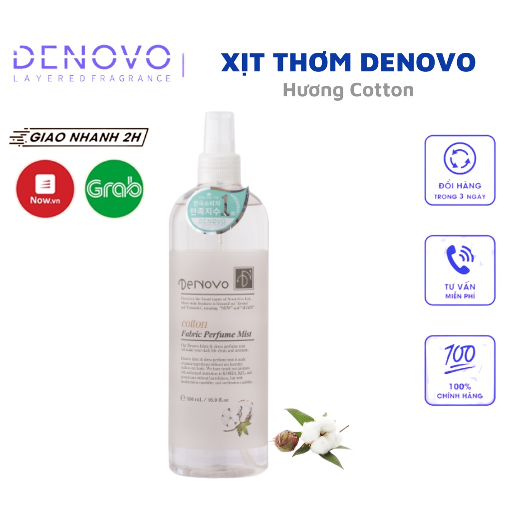 Chai xịt thơm hương nước hoa DENOVO Hàn Quốc hương Cotton - Nước xịt khử mùi quần áo, mùi phòng, mùi cơ thể chính hãng