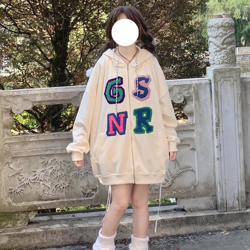 Áo Hoodie Zip Form Rộng Tay Phồng Unisex Hoạ Tiết GSNR Thêu Ảnh Thật