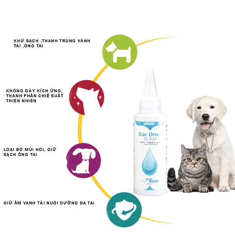 Thuốc nhỏ tai cho chó mèo Borammy chiết xuất thiên nhiên làm sạch tai ngăn ngừa viêm nhiễm, hôi tai - 60ml