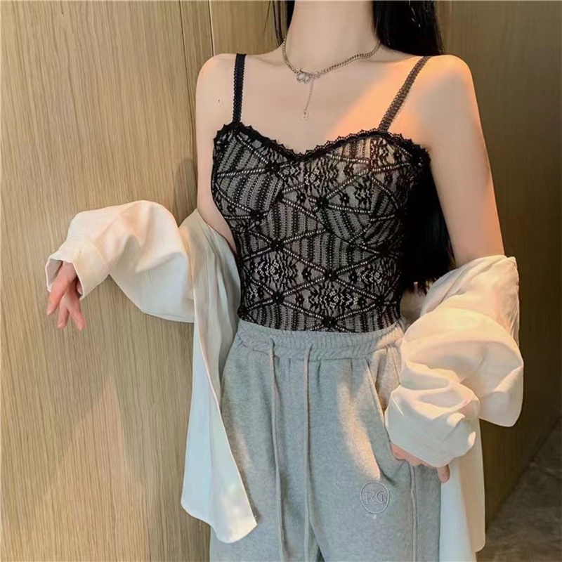 Brroa Áo Crop Top Hai Dây Phối Ren Có Đệm Ngực Màu Trơn Phong Cách Vintage Dành Cho Nữ