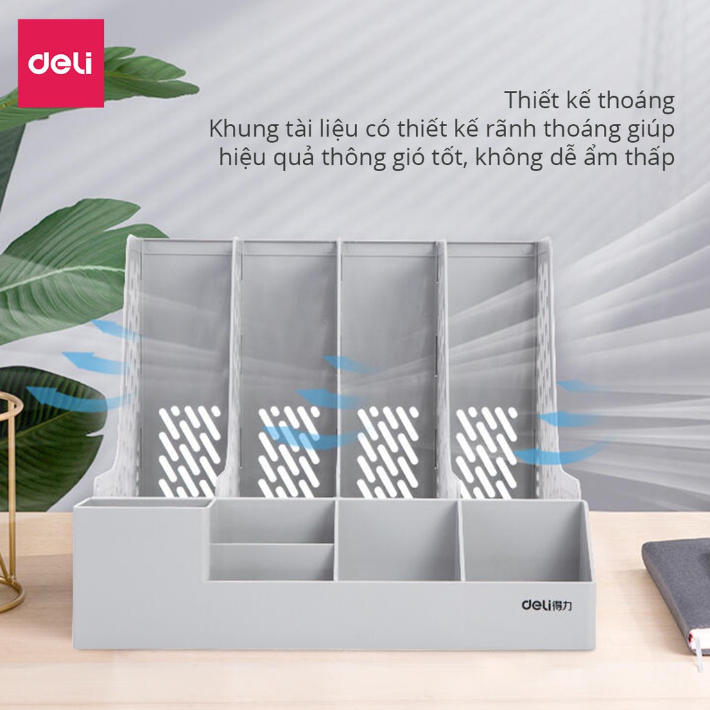 Set giá tài liệu 4 ngăn kèm hộp bút Deli - Xanh Dương/ Xám/ Đen - 78981