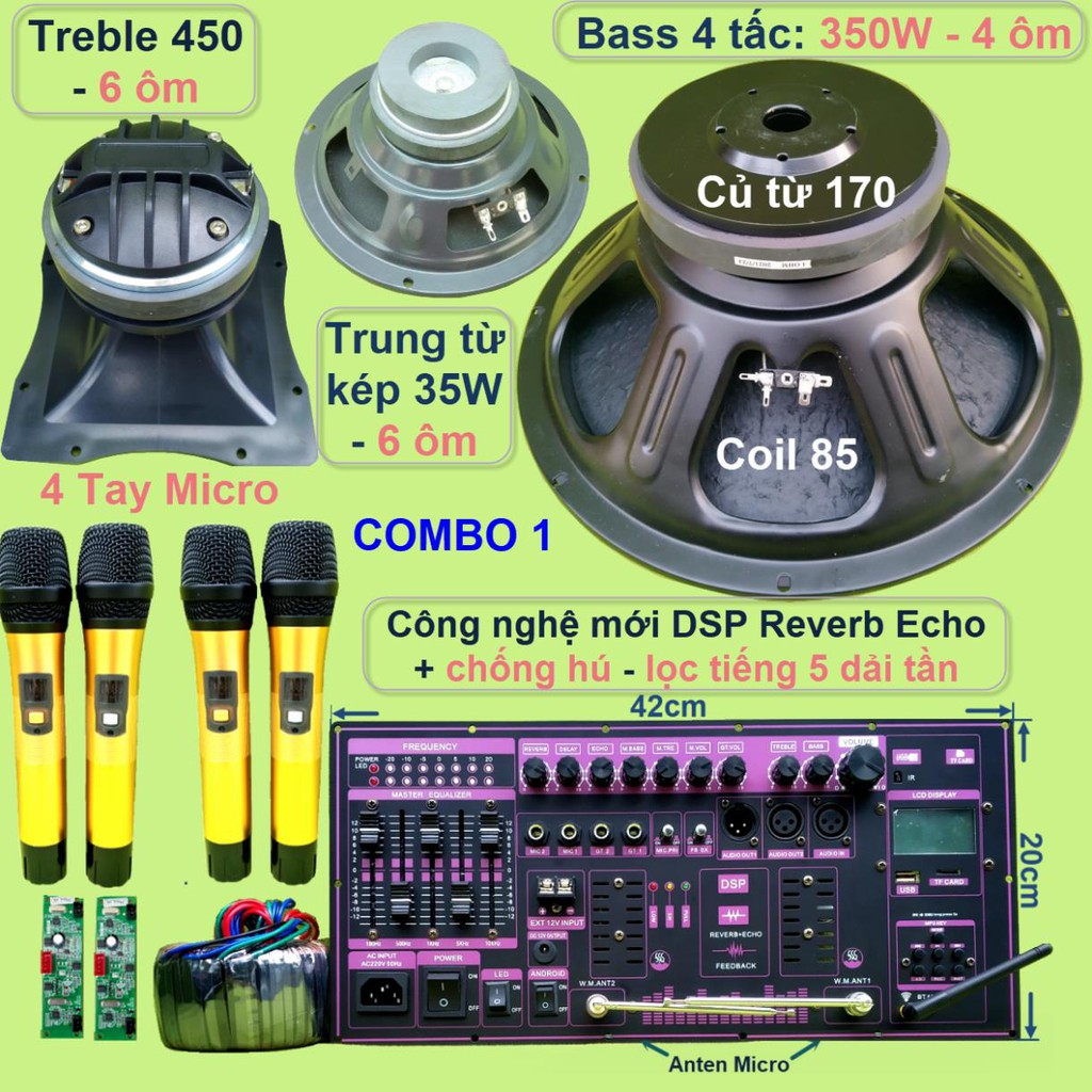 Mạch loa kéo 4 tấc đơn công suất 400W đỉnh cao DSP Reverb Echo có chống hú Equalizer 5 Band loa Bass xịn và kèm Mic vàng