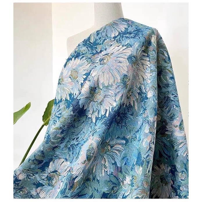 Vải gấm bố hoa xanh