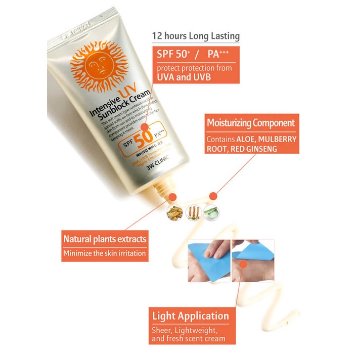 Kem chống nắng cấp nước bảo vệ da dịu nhẹ 3W Clinic Intensive UV Sunblock Cream SPF 50 PA+++ 70 ml