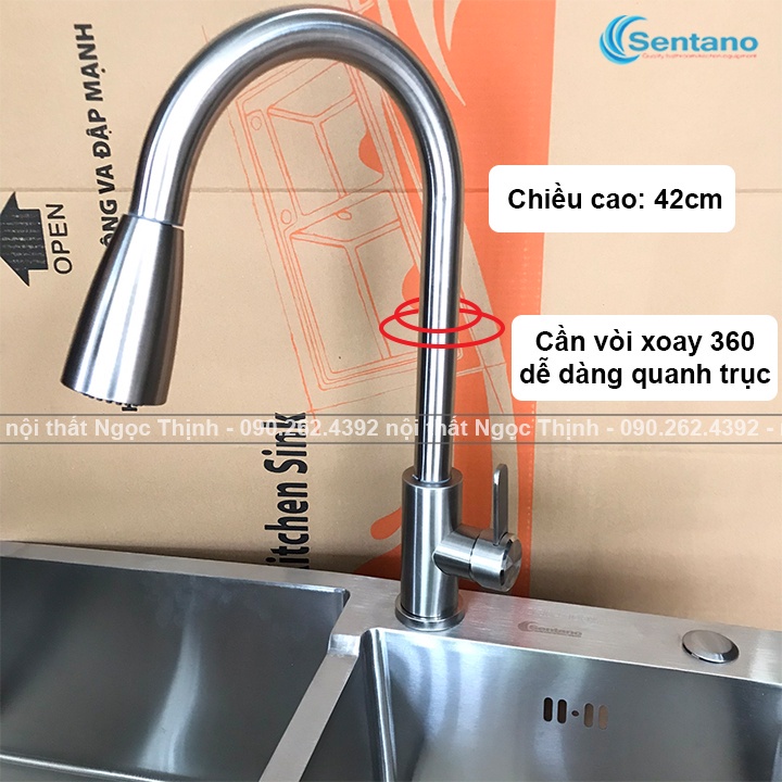 Vòi rửa chén bát NÓNG LẠNH inox 304 Sentano STN-407 kiểu dây kéo rút linh hoạt đầu phun 2 chế độ