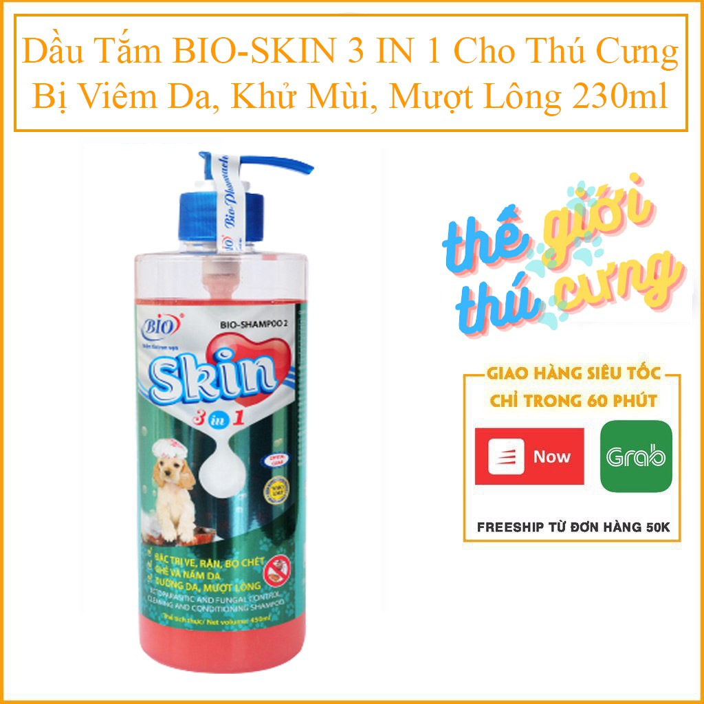 Dầu Tắm BIO-SKIN 3 IN 1 Cho Thú Cưng Bị Viêm Da, Khử Mùi, Mượt Lông 230ml