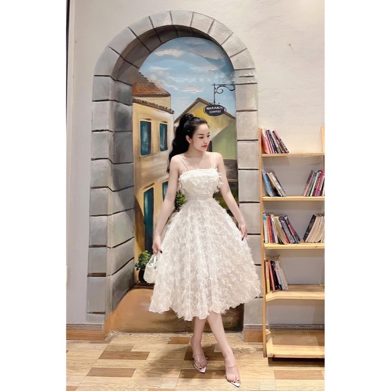 Đầm lông vũ xoè dự tiệc sang trọng, Đầm 2 dây xoè kim tuyến lấp lánh Nb fashion, xưởng may Na Bùi