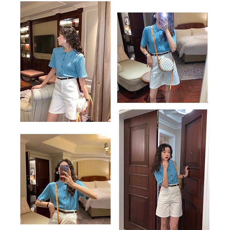 Áo thun cổ polo Xiaozhainv tay ngắn dáng rộng thời trang phong cách vintage