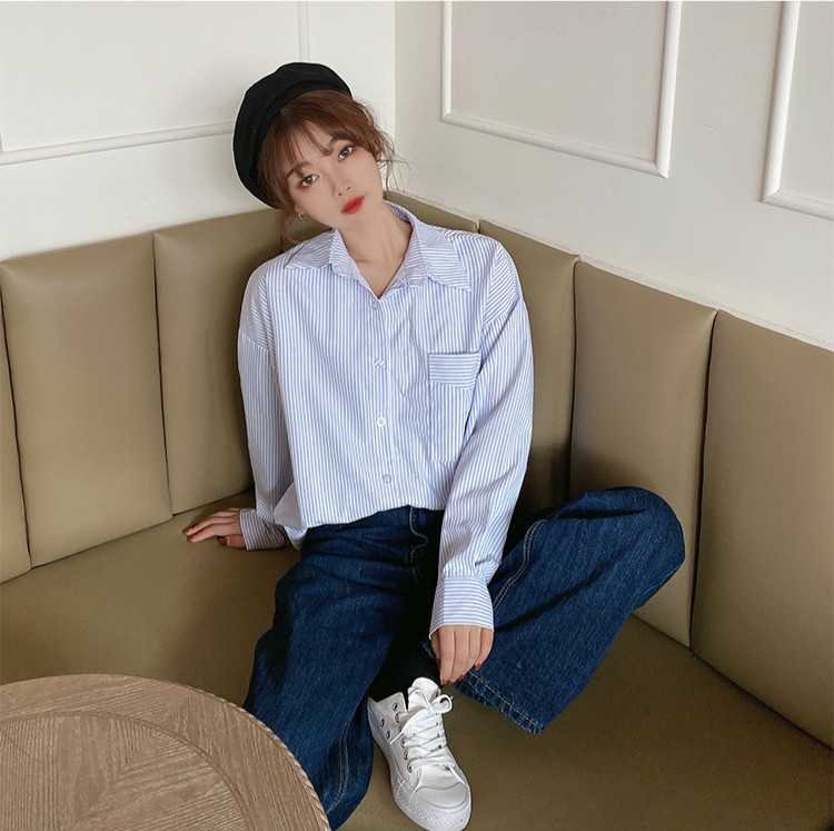 Áo Sơ Mi Tay Dài Hoạ Tiết Kẻ Sọc Phối Túi Thiết Kế Đơn Giản Dành Cho Nữ