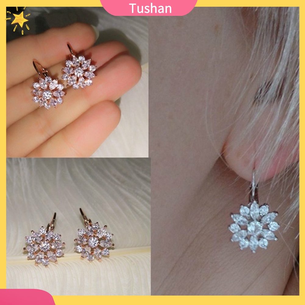 TUSH_Cubic Zirconia Inlaid Sunflower Dangle Leverback Earrings Chic Lady Jewelry Gift