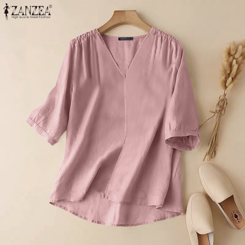 Áo sơ mi ZANZEA tay lửng cổ chữ V màu trơn phong cách vintage dành cho nữ