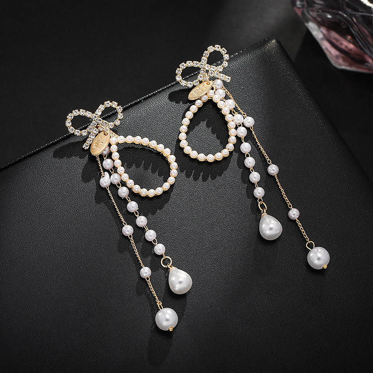 S925 silver diamond long pearl earrings