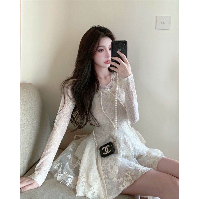 Đầm xòe tay dài vải lưới phối ren thời trang xinh xắn cho nữ