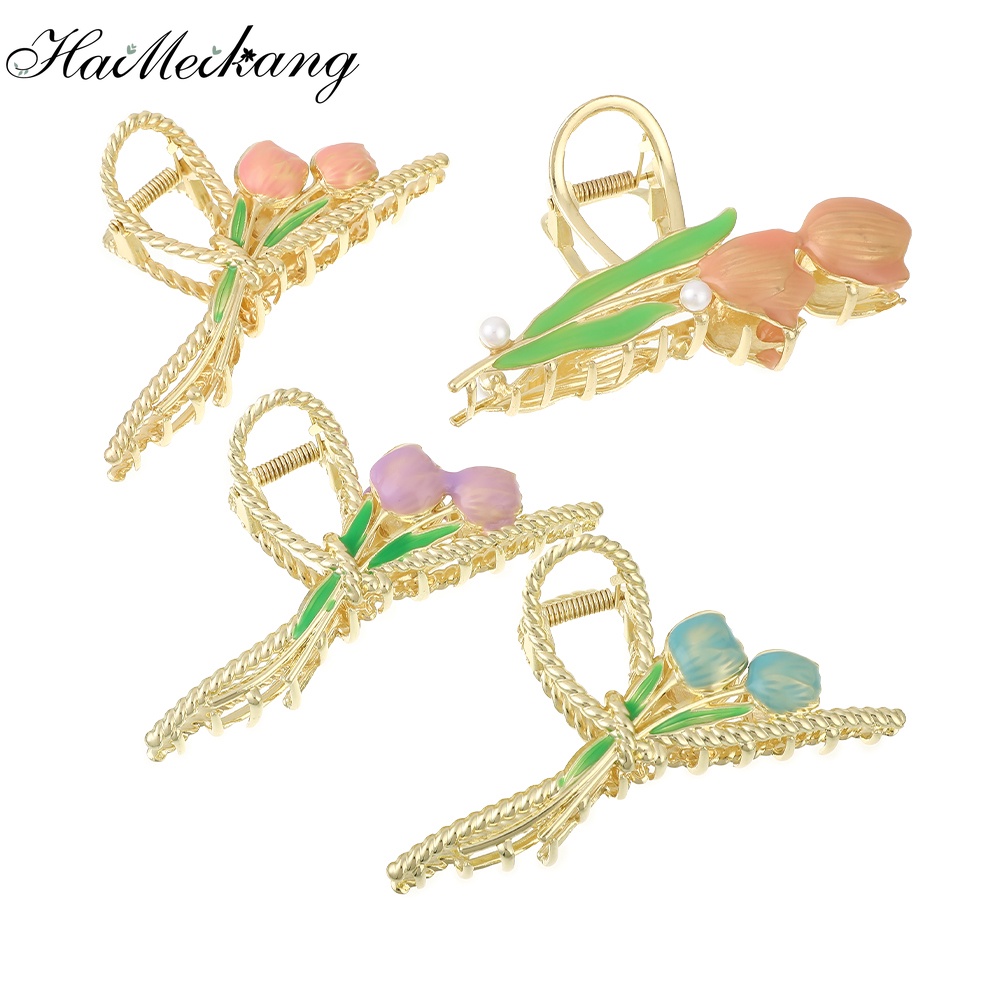 Haimeikang Kẹp tóc hình hoa tulip đính đá và ngọc trai giả bằng kim loại phong cách Hàn Quốc mới cho nữ