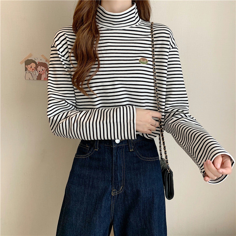 Áo thun tay dài cổ lọ họa tiết sọc ngang thời trang trẻ trung cho nữ