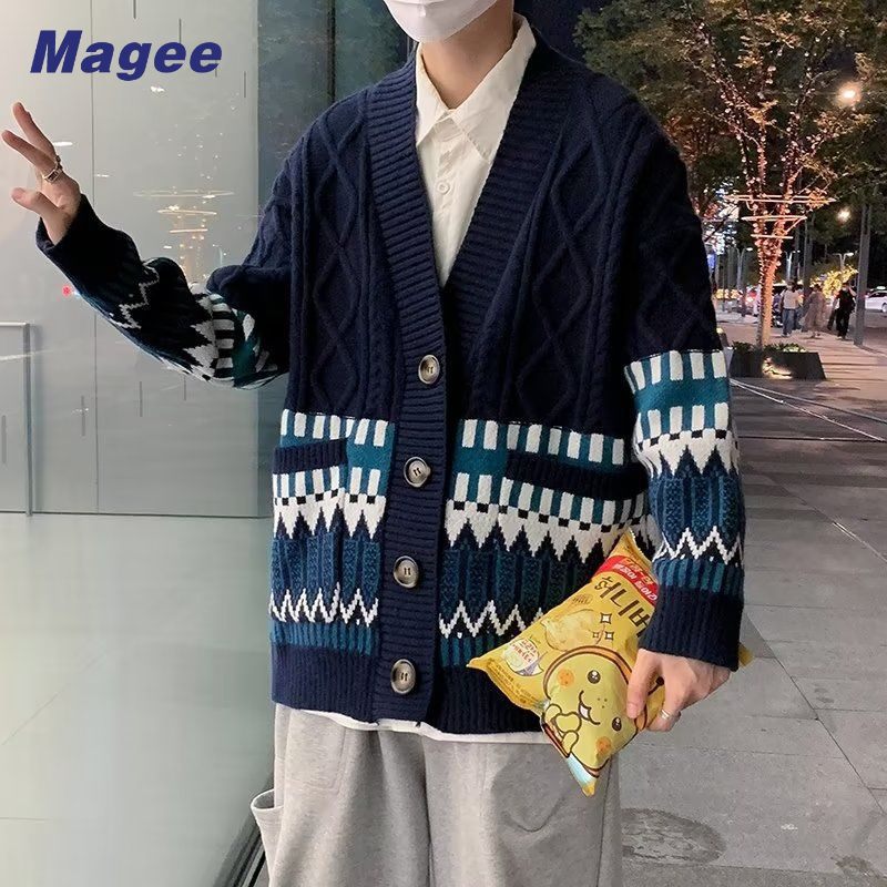 Magee Áo Khoác cardigan Dệt Kim Dáng Rộng Màu Sắc Tương Phản Thời Trang Mùa Thu Dễ Phối Đồ Cho Nam