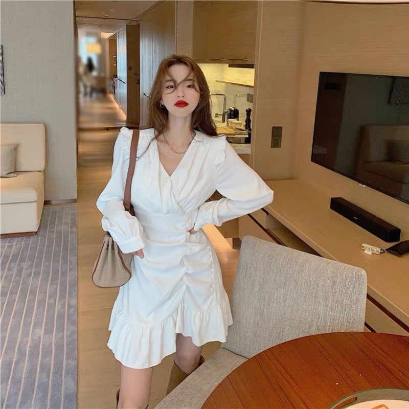 (CLIP THẬT) Đầm dự tiệc tay dài nhún trắng vai bèo Ben | BigBuy360 - bigbuy360.vn