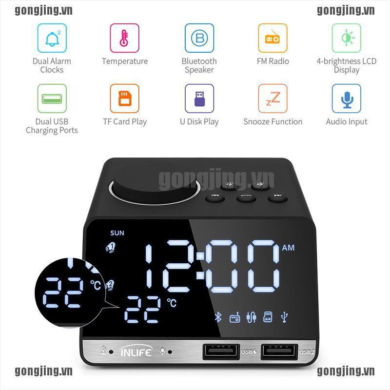 GONJ LED Display Dual Alarm Clock FM Radio Wireless Bluetooth Speaker USB Port