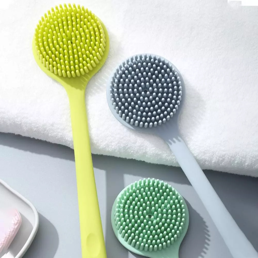 (Hàng Mới Về) Bàn Chải Tắm Hai Mặt Bằng Silicon Có Tay Cầm Dài Tiện Dụng