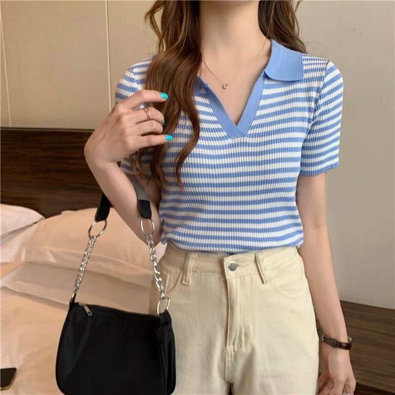 Áo polo croptop dệt kim kẻ ngang nữ kiểu cổ bẻ tay ngắn hàng Quảng Châu cao cấp