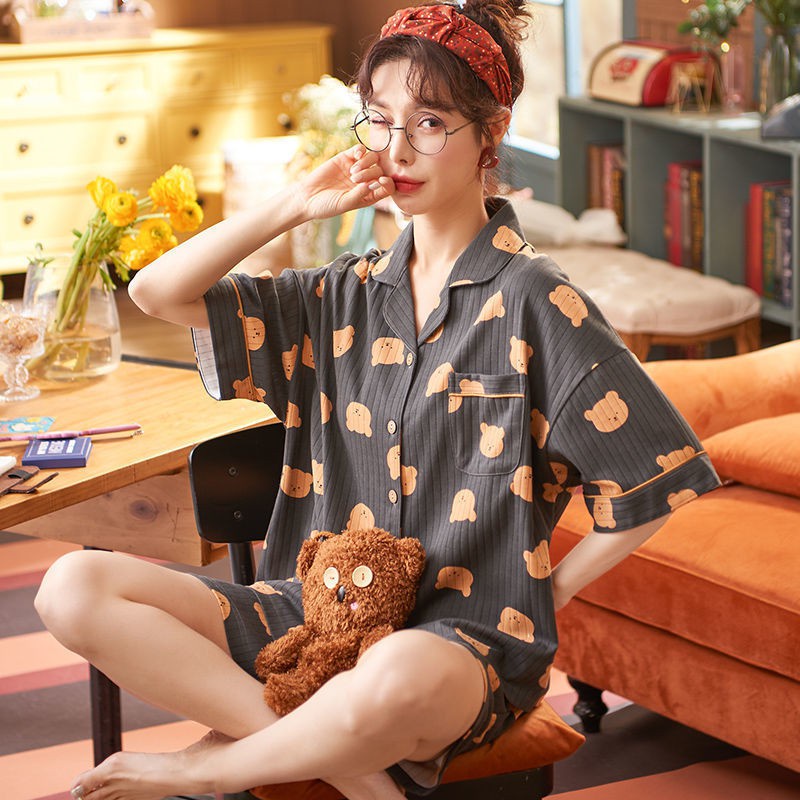 Bộ Đồ Ngủ Tay Ngắn Dáng Rộng Vải Cotton In Hình Gấu Dễ Thương Thời Trang Mùa Hè Cho Nữ 200kg