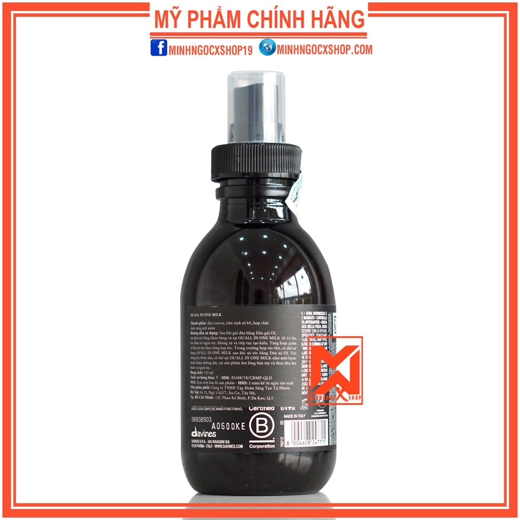 Dưỡng chất và xả khô chăm sóc đa năng DAVINES OI ALL IN ONE MILK 135ml chính hãng