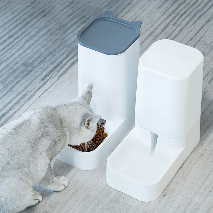 Máy cho mèo ăn bán tự động, bộ 2 hộp đựng thức ăn nước cho mèo giúp bảo quản đồ ăn cực tiện lợi