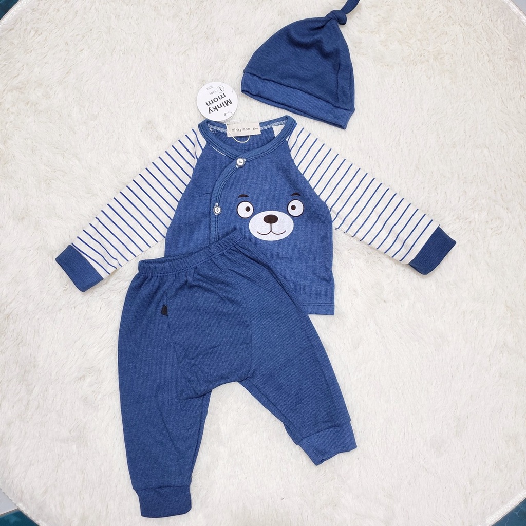 Bộ sơ sinh cài lệch vải tăm dày mùa đông tặng kèm mũ cho bé (3-9kg)