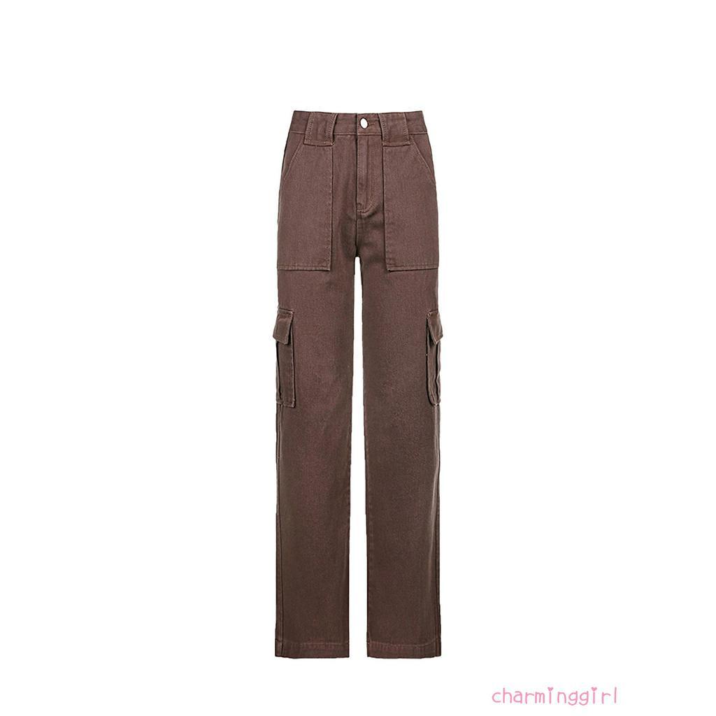 Quần jean denim dài ống rộng lưng cao may ghép túi màu trơn thời trang Hàn Quốc dành cho bạn nữ