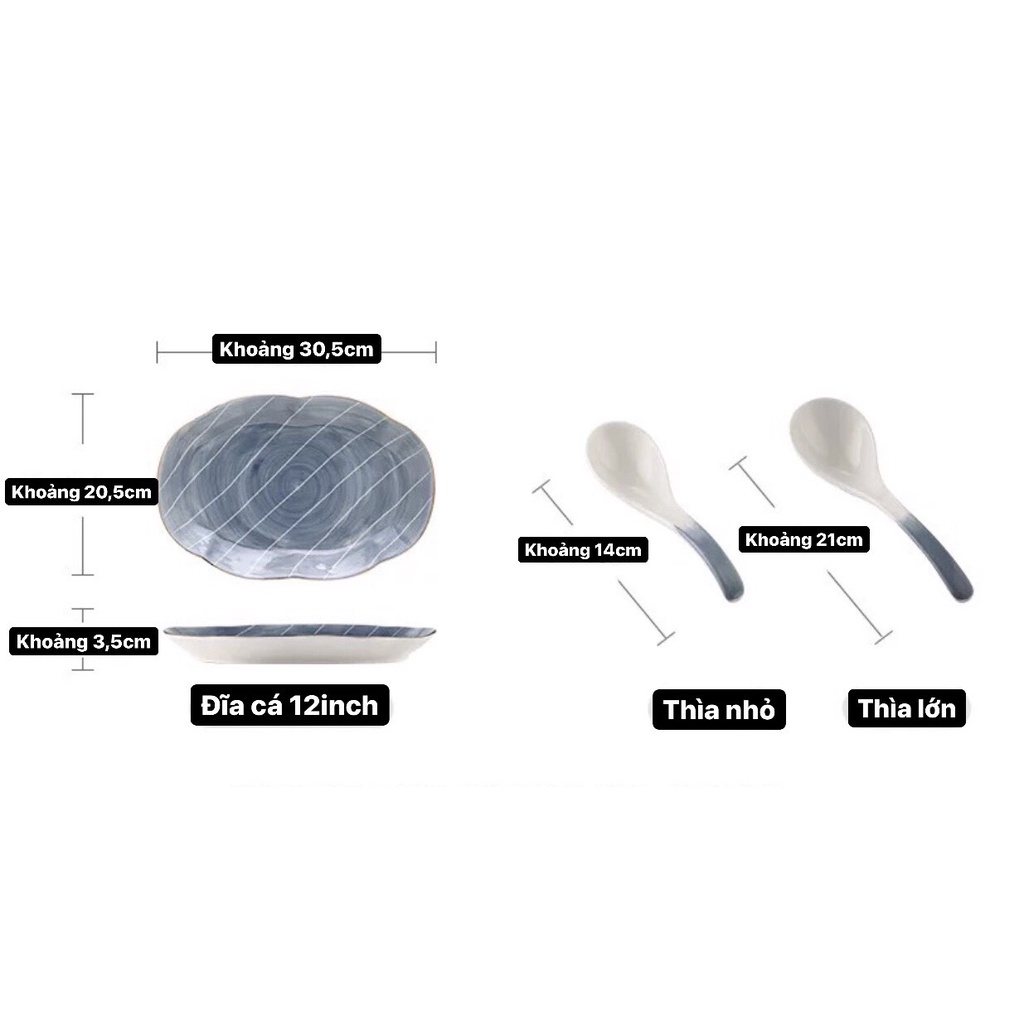 Bộ bát đĩa sứ cao cấp màu xanh ghi vàng kim - phong cách Bắc Âu