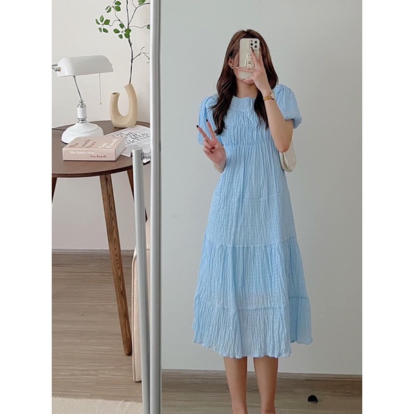 Váy xốp nhăn Hàn hottrend Đầm đi du lịch tay bồng