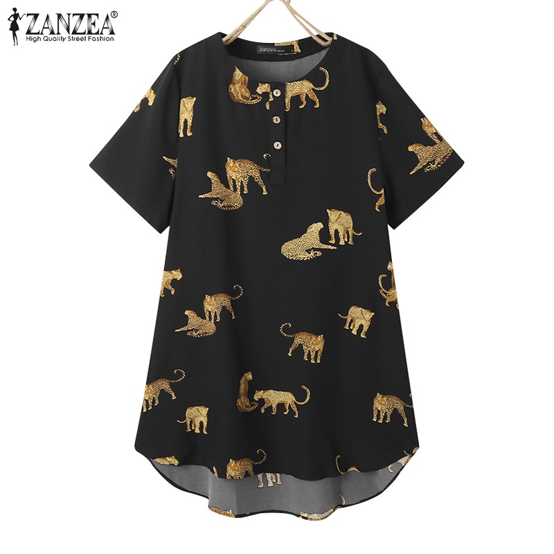 ZANZEA Đầm Tay Ngắn Cổ Tròn Cài Nút Trước Họa Tiết Động Vật Thời Trang Cho Nữ