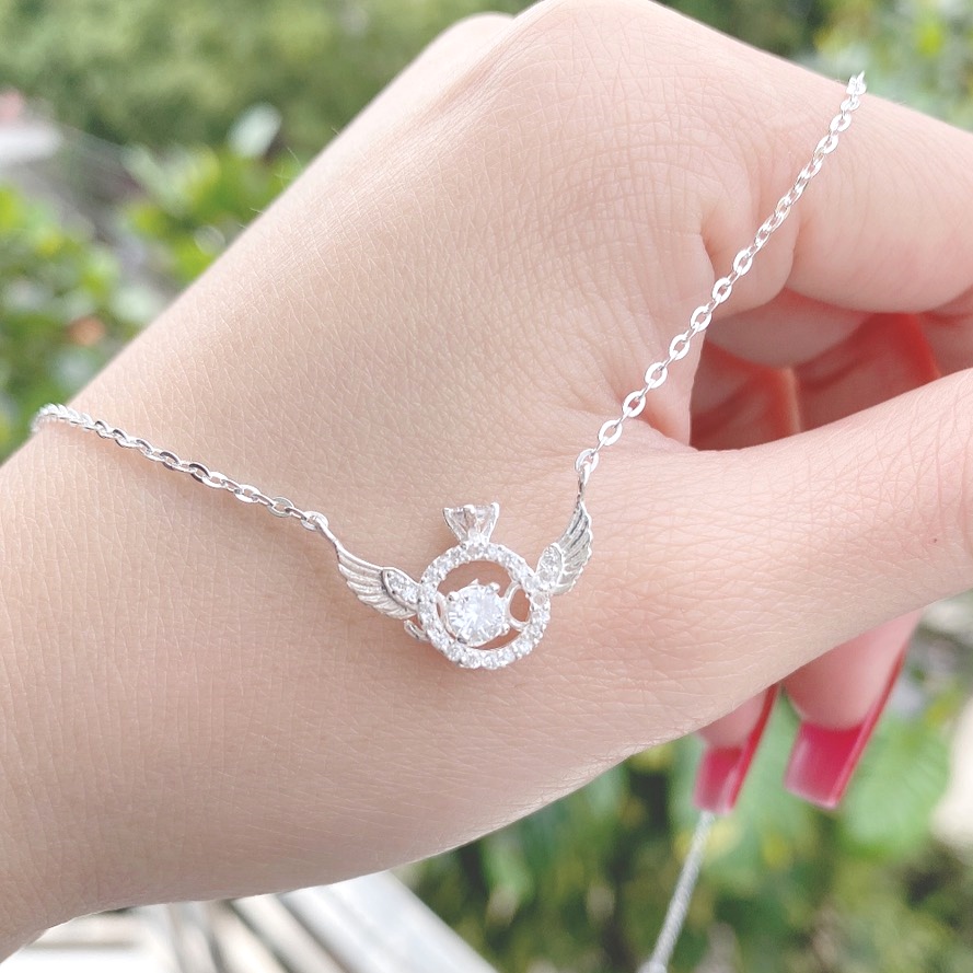 Dây chuyền bạc nữ Evasilver hình đôi cánh đính mặt đá tròn, dây chuyền chuẩn bạc ta sang trọng nữ tính