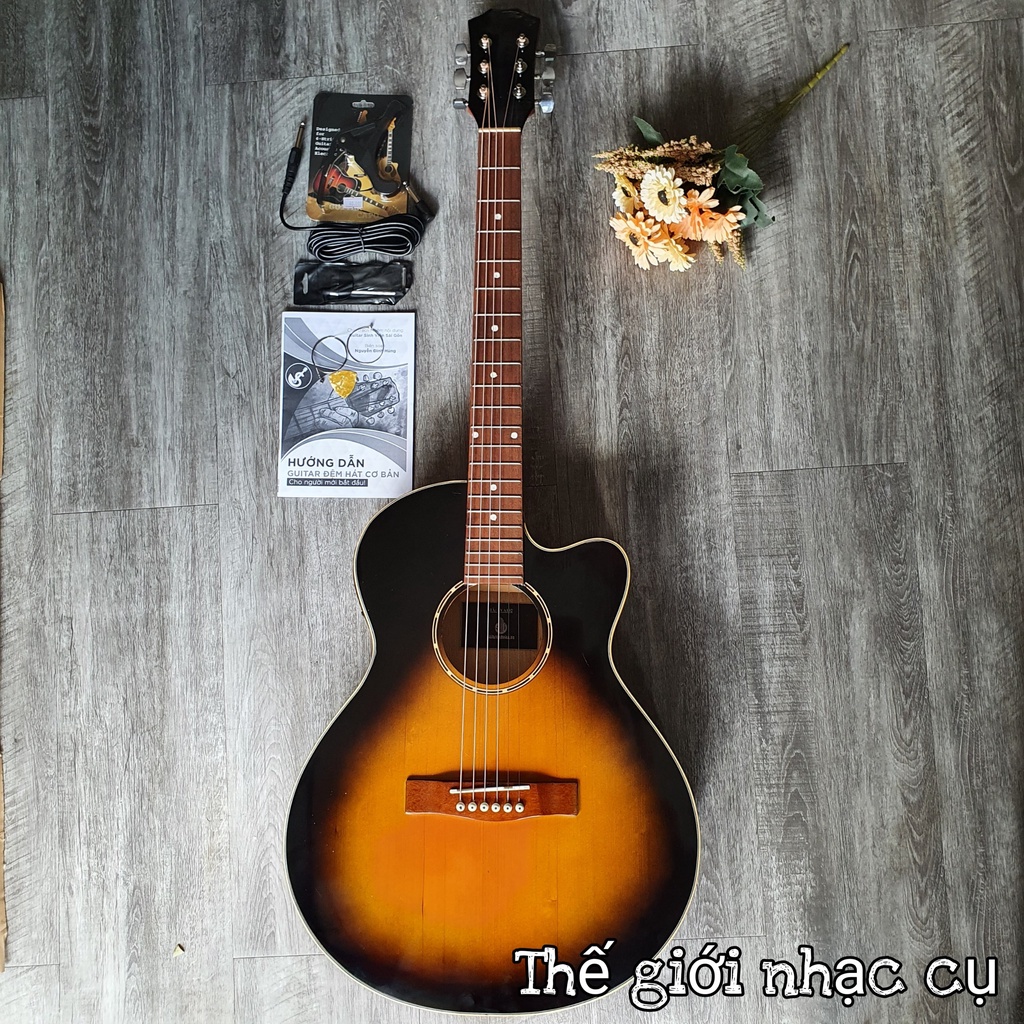 Đàn guitar mặt gỗ thông + EQ gắn loa - Màu cam đen - Tặng kèm 7 phụ kiện - Bảo hành 12 tháng