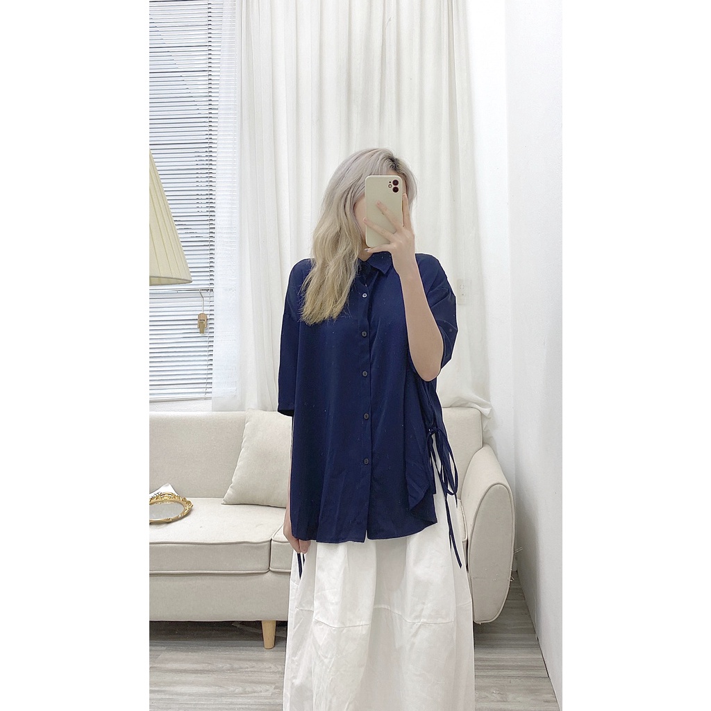 Sơ mi lụa ngắn tay trơn rút dây 2 bên - kèm ảnh thật chụp tại shop
