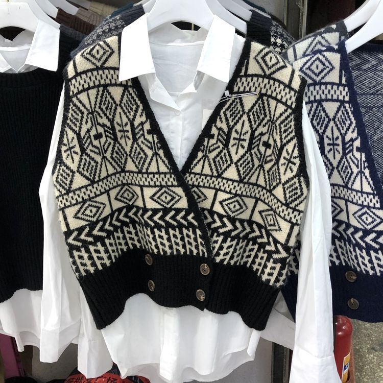 Áo Gile Áo Len Gile Knitted Vest Women's New Loose Retro Contrast Plaid Sleeveless V-neck Jacket